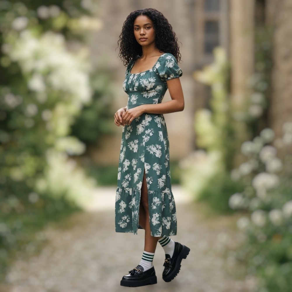 Hollister Floral Smocked Midi Dress Women's Puff Sleeve Cottagecore Green‎ Large